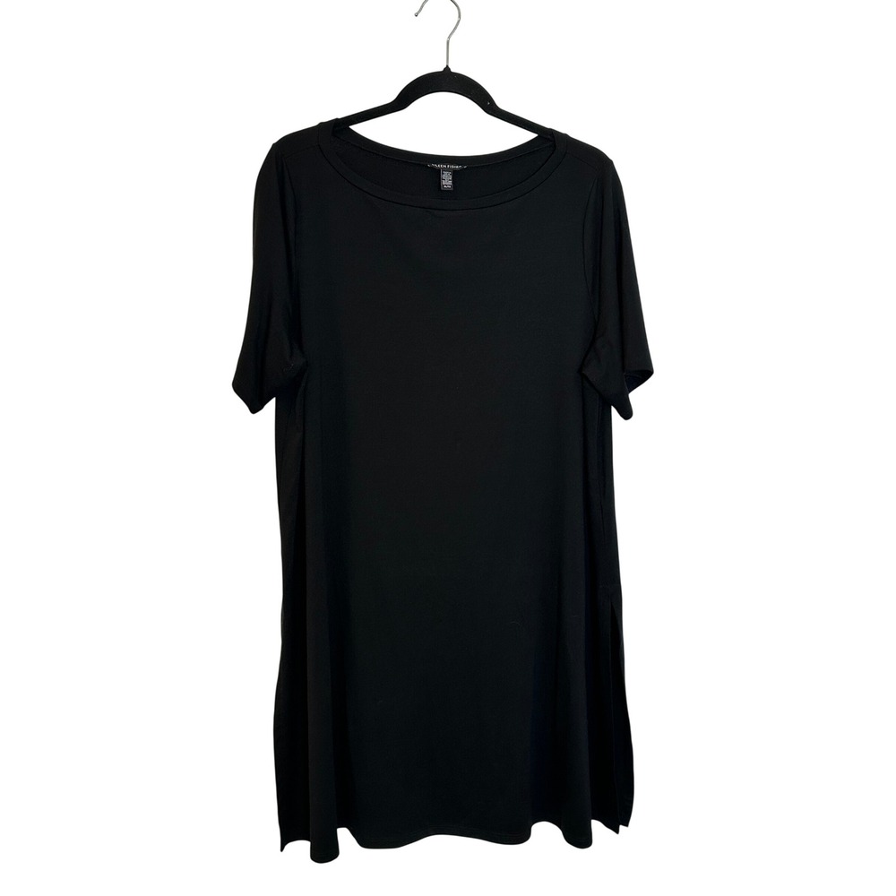Eileen Fisher System Tunic Top Size XL Black Tencel Lyocell Side Slit Minimalist